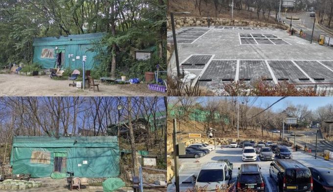 서울 성북구가 40년 불법 점유를 뿌리 뽑고 개운산을 구민에게 돌려주었다. 사진은 지역 주민의 숙원이었던 ‘개운산근린공원 공영주차장’ 조성 전(왼쪽)과 후(오른쪽). 불법 점유물을 정리해 총 26면의 주차장을 조성했다. 현재 임시개방 중이며 2026년부터 정식 운영한다.