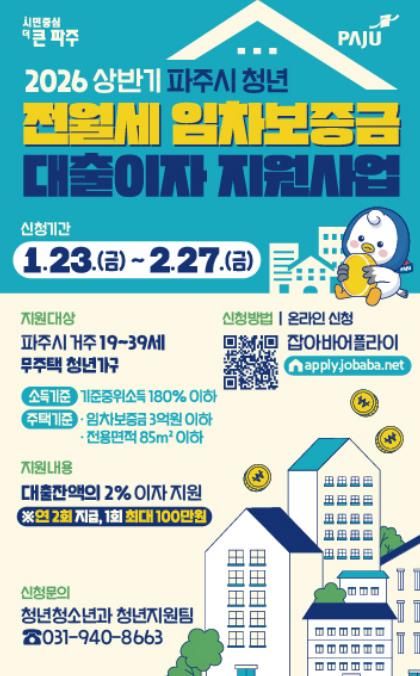 파주시, 2026년 상반기 청년 전월세 임차보증금 대출이자 지원