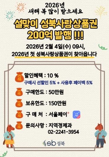 성북구, 설 앞두고 200억 원 규모 성북사랑상품권 발행